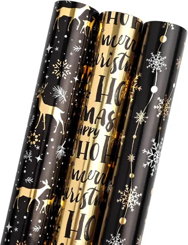 LDGOOAEL Mini rollo corto de papel de regalo de Navidad con líneas de corte en el reverso (17 x 120 pulgadas por rollo), papel de regalo negro con