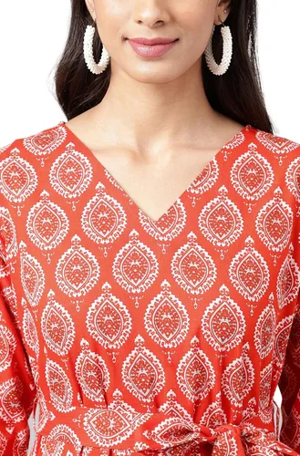 Miniatura 7 de Janasya Vestido con volantes estampado de motivos étnicos de algodón naranja para mujer india