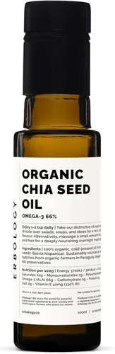 Erbology Aceite de semilla de chía orgánico de 3.4 onzas líquidas, prensado en frío, rico en omega-3 (66%) y vitamina E (330% RI), sin aditivos ni