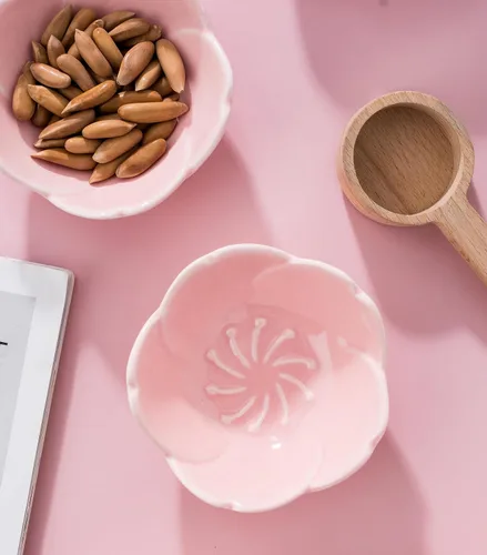 Miniatura 3 de Jusalpha Juego de 5 piezas de plato de salsa de cerámica con diseño de flores de cerezo rosa, plato de condimentos, tazón para sushi con salsa