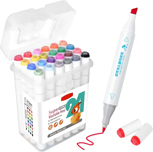 SAYEEC Marcadores lavables, juego de 24 marcadores artísticos de colores con estuche, cincel fino de doble punta, rotuladores a base de agua para