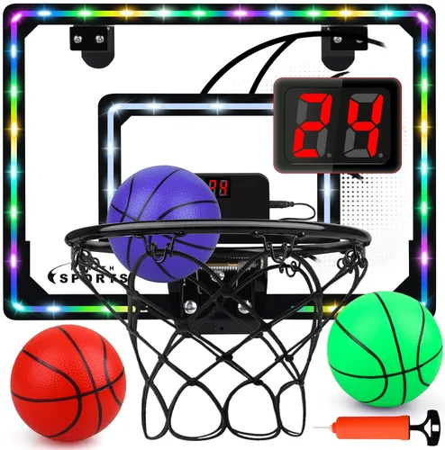 Aro de Baloncesto Interior para Niños, Aro de Baloncesto Mini con Luz LED y Marcador Electrónico, 3 Bolas, Aro de Baloncesto para Puerta, Juguetes