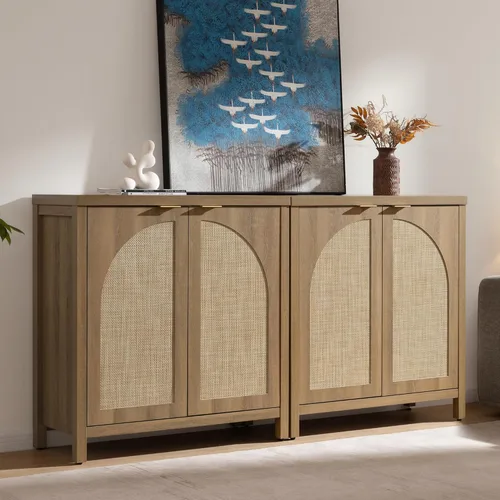 Miniatura 13 de SICOTAS Juego de 3 aparadores de ratán de 102 pulgadas de ancho, armario de almacenamiento moderno Credenza con puertas de arco y estantes, Roble