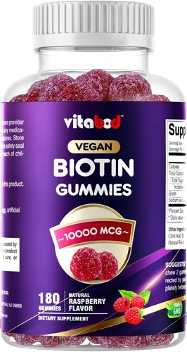 Vitabod Gomitas Biotin de 10,000 mcg – 180 gomitas veganas para el cabello, la piel y las uñas para mujeres, hombres y niños – sin OMG, sin gluten,