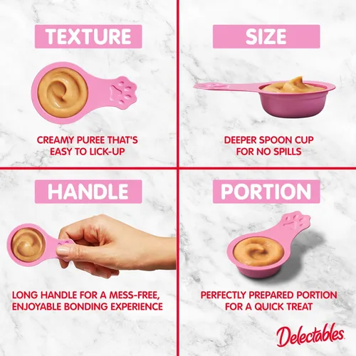Miniatura 5 de Delectables Golosinas para lamer con cuchara de mano para gatos hechas con pollo y salmón reales, puré cremoso rápido y fácil, sin desorden, sin