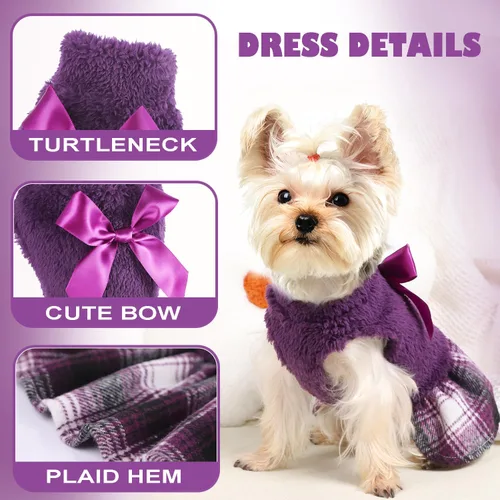 Miniatura 4 de Suéteres para perros pequeños y niñas, vestido suéter, dobladillo a cuadros, cuello alto, ropa mullida para mujer, abrigo cálido para mascotas, ropa