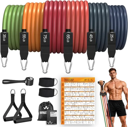 Miniatura 10 de WHATAFIT Juego de bandas de resistencia con asas, bandas de ejercicio para gimnasio en casa, equipo de entrenamiento de fuerza, incluye anclaje