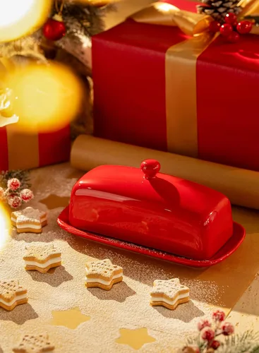 Miniatura 3 de Sweese - Mantequilla de porcelana con tapa, soporte de mantequilla de 7.8 pulgadas con cubierta de asa, recipiente de mantequilla perfecto para Rojo
