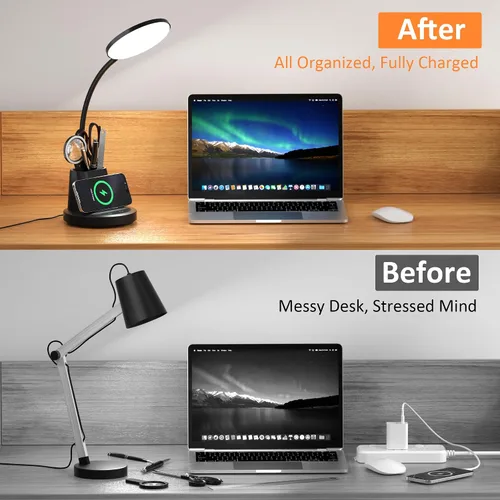 Miniatura 5 de Lámpara de escritorio Vicsoon con cargador inalámbrico, lámpara de escritorio LED para oficina en casa con soporte para bolígrafo, luz de escritorio