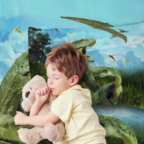 Miniatura 2 de Juego de sábanas de dinosaurios tamaño individual para niños, juego de sábanas bajeras realistas 3D de dinosaurio verde de la selva antigua, juego