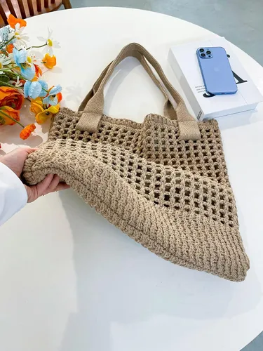 Miniatura 34 de ENBEI Bolsa de playa para mujer, diseño hueco de punto de ganchillo, elegante para la playa, viajes y uso diario
