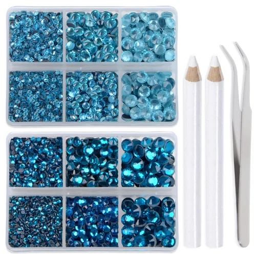 Miniatura 30 de LPBeads 6400 unidades de diamantes termoadhesivos de 12 colores con parte trasera plana, 5 tamaños mixtos, gemas de cristal redondas con pinzas