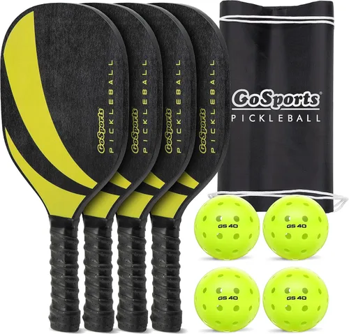 GoSports Juego de Pickleball - Clásico, Retro, Azul Acero, o Amarillo - Incluye 4 Palas, 4 Pickleballs de Regulación y Estuche de Transporte | 4