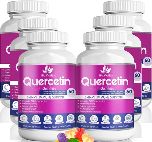 Miniatura 10 de BioVitalica - Gomitas de quercetina con bromelina, vitamina C y zinc y saúco + vitamina D3-5 en 1 apoyo inmunológico - Quercetina de zinc 750 mg