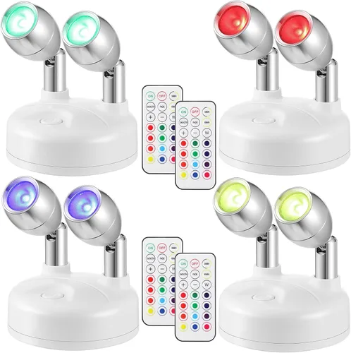Honoson Paquete de 4 Focos de Doble Cabeza que Funcionan con Baterías, Focos LED RGB Inalámbricos para Interiores con Control Remoto, Luces de