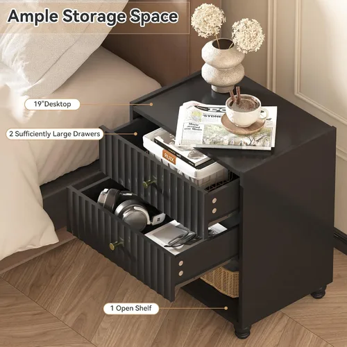 Miniatura 4 de Moderna mesita de noche, mesa auxiliar acanalada con 2 cajones, mesita de noche con estante abierto para dormitorio (1, negro)
