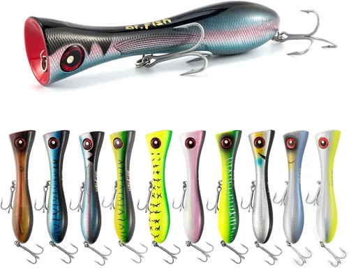 Miniatura 7 de Dr.Fish Topwater Popper Señuelos de pesca de agua salada, 8 pulgadas GT Popper VMC anzuelos agudos señuelos de pesca de surf para Striper Atún