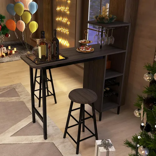Miniatura 9 de Giantex Juego de mesa de bar y taburetes de 3 piezas, juego de mesa de bistró con soporte para vidrio, estante de vino de 2 niveles y estantes