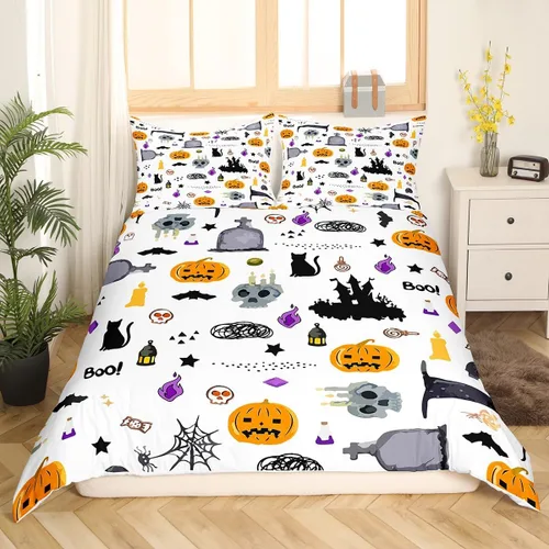 Miniatura 8 de Feelyou Funda de edredón de Halloween, tamaño individual, con 1 funda de almohada, decoración de Halloween, juego de ropa de cama con estampado