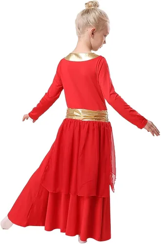 Miniatura 5 de REXREII - Traje de baile con cintura metálica de manga larga litúrgica para niñas