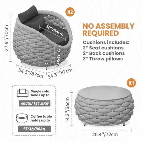 Miniatura 7 de Juego de muebles de patio de aluminio de 3 piezas: cuerda tejida a mano para conversación al aire libre, juego de 2 cojines modernos montados, juego