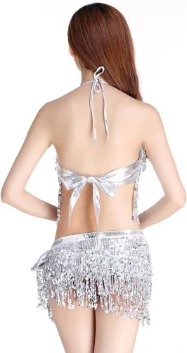 Miniatura 4 de ZLTdream Traje danza árabe con brasier y pañuelo para cadera con flecos para mujer