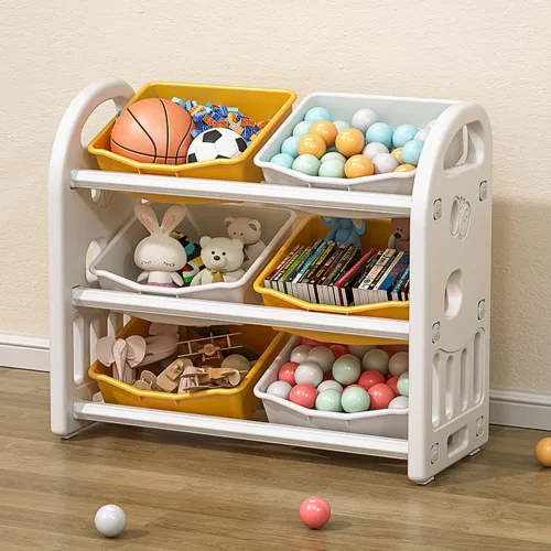 Organizador de almacenamiento de juguetes para niños, estantes de 3 niveles, organizador de almacenamiento multifuncional para niños con 6