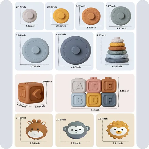 Miniatura 4 de Paquete de juguetes 3 en 1 para bebé, bloques de construcción apilables suaves, anillo de dentición y bolas sensoriales para recién nacidos a 18