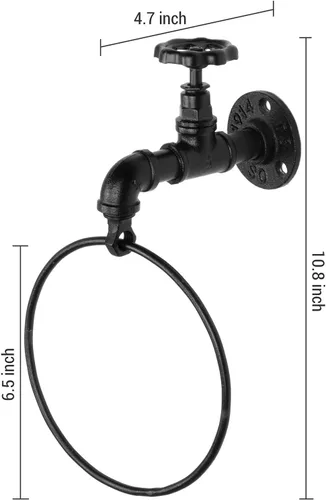 Miniatura 4 de MyGift Anillo de soporte para toallas de mano, estante colgante de toalla de baño montado en la pared, accesorios de baño industriales, decoración