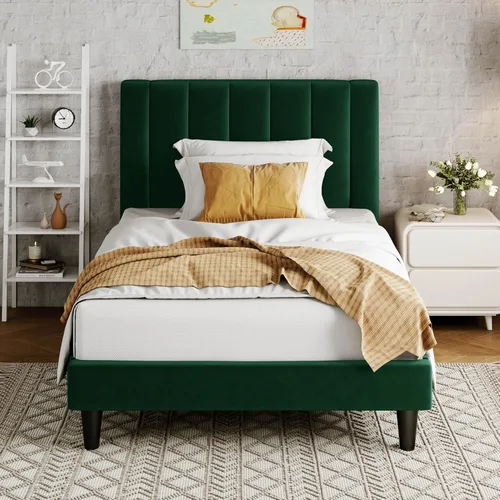 Miniatura 13 de Allewie - Base de cama tamaño King con cabecera acolchada tapizada en terciopelo y diseño acanalado vertical; plataforma de cama con resistentes