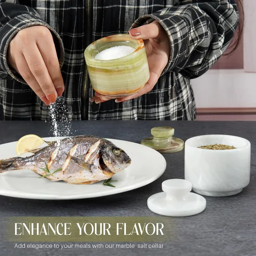 Miniatura 4 de Salero de mármol con tapa de 3" ónix blanco y verde, cuencos de sal y pimienta, almacenamiento para el hogar, recipiente de sal para almacenamiento