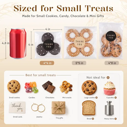 Miniatura 8 de NPLUX Paquete de 100 bolsas de celofán autosellantes transparentes para galletas y golosinas "Gracias" para obsequios y dulces con calcomanías