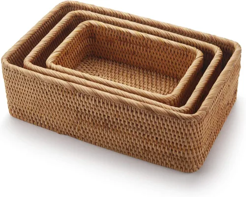 Miniatura 2 de Cestas de almacenamiento de frutas de ratán natural rectangulares de mimbre tejido para portallaves y control remoto, apilables, naturales, juego