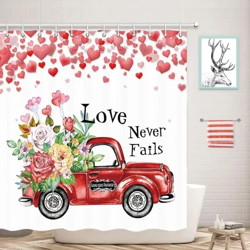 Miniatura 3 de NBVKO Juego de 4 cortinas de ducha de San Valentín con diseño de amor y rosas, tapetes antideslizantes, cubierta de la tapa del inodoro y alfombra
