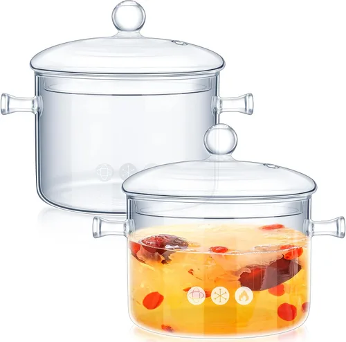 Miniatura 9 de Zubebe Juego de 2 ollas de vidrio para cocinar en la estufa, cacerola de vidrio con tapa, resistente al calor, ollas y sartenes transparentes