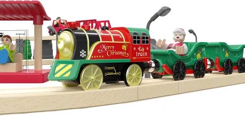 Miniatura 7 de Juego de tren eléctrico para pistas de madera, juguete de trenes a batería con luces y sonidos para niños pequeños, tren motorizado para niños