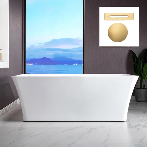 WOODBRIDGE Bañera de acrílico independiente de 67 pulgadas, bañera blanca de remojo contemporáneo con desbordamiento y drenaje de oro cepillado,