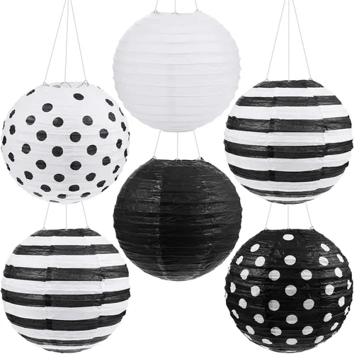 Miniatura 8 de Treela Paquete de 6 linternas de papel en blanco y negro de 8 pulgadas redondas con patrones de lunares a rayas para regreso a clases, aula, fiesta
