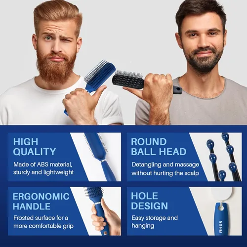 Miniatura 4 de RHOS Cepillo de pelo para hombres – Cepillo desenredante y peinado con cerdas de nailon para cabello húmedo y seco, función de masaje, adecuado