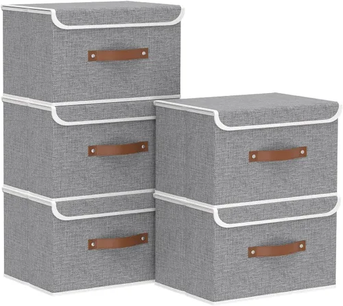 Miniatura 40 de Yawinhe SNK024BEN-1 Cajas de almacenamiento plegables, cestas apilables de tela de lino, contenedor con tapa y asa de cuero, lavable, para el hogar