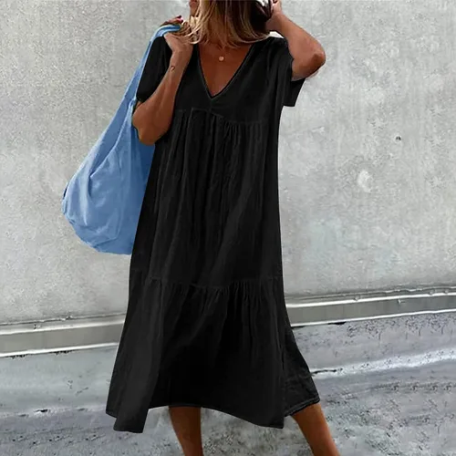 Miniatura 2 de Akivide Vestido de manga corta con cuello en V y lino de algodón para mujer, casual, holgado, color sólido, plisado, para mujer