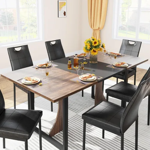 Miniatura 9 de chartustriable Juego de mesa de comedor de 7 piezas para 4, 5, 6 personas, mesa de cocina grande de madera larga de 71 pulgadas con 6 sillas