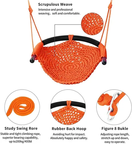 Miniatura 5 de Columpio tejido a mano para niños, columpio para niños con cuerdas ajustables, juego de columpio seguro para niños, para interiores, exteriores