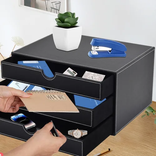 Miniatura 7 de Organizador de escritorio de piel sintética con 3 cajones, suministros de oficina ejecutivos, archivador A4, soporte para joyas, facturas, papel