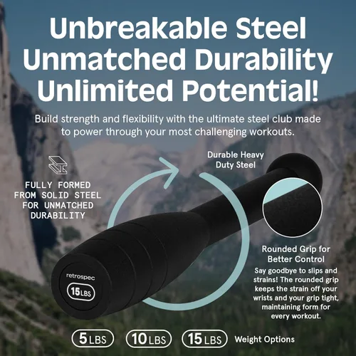 Miniatura 3 de Retrospec Grip Steel Club Entrenamiento de fuerza, rehabilitación, estiramiento, acondicionamiento y entrenamiento de rotación, opciones de 5, 10
