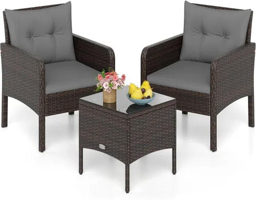 Miniatura 10 de Tangkula Sillas de mimbre de 3 piezas con mesa auxiliar superior de cristal, cojines gruesos, para todo tipo de clima, jardín, césped, piscina