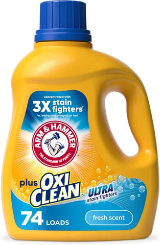 ARM & HAMMER Plus OxiClean Ultra Stain Fighters - Detergente líquido para ropa, removedor de manchas para ropa, aroma fresco, 74 cargas, 96.2 onzas