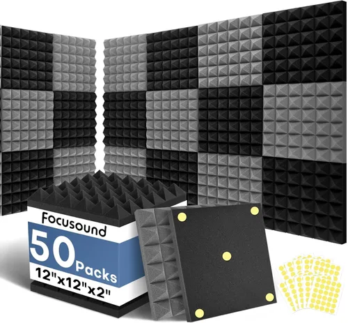 Miniatura 10 de Focusound Paneles acústicos, paquete de 24 unidades de 2 x 12 x 12 pulgadas con 120 adhesivos de doble cara, espuma piramidal a prueba de sonido