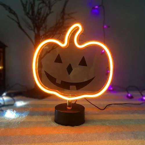 Miniatura 4 de Letrero de neón de calabaza brillante naranja, decoración de Halloween, luz de mesa con USB o batería
