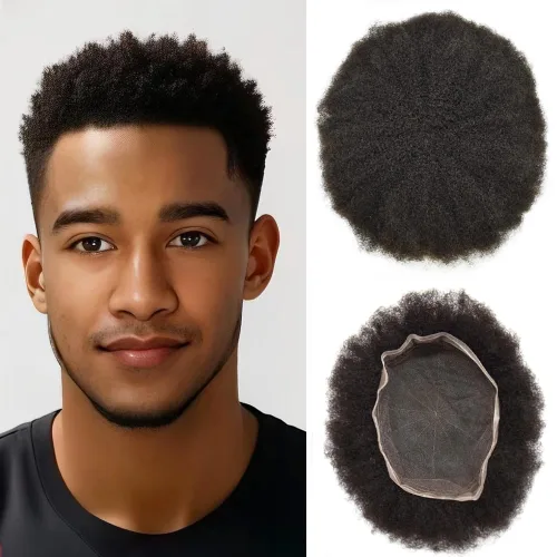 Miniatura 27 de Pelucas afro rizadas para hombre, con encaje francés, de 10 x 8 pulgadas, completamente transparente, de repuesto, sistema de cabello humano rizado